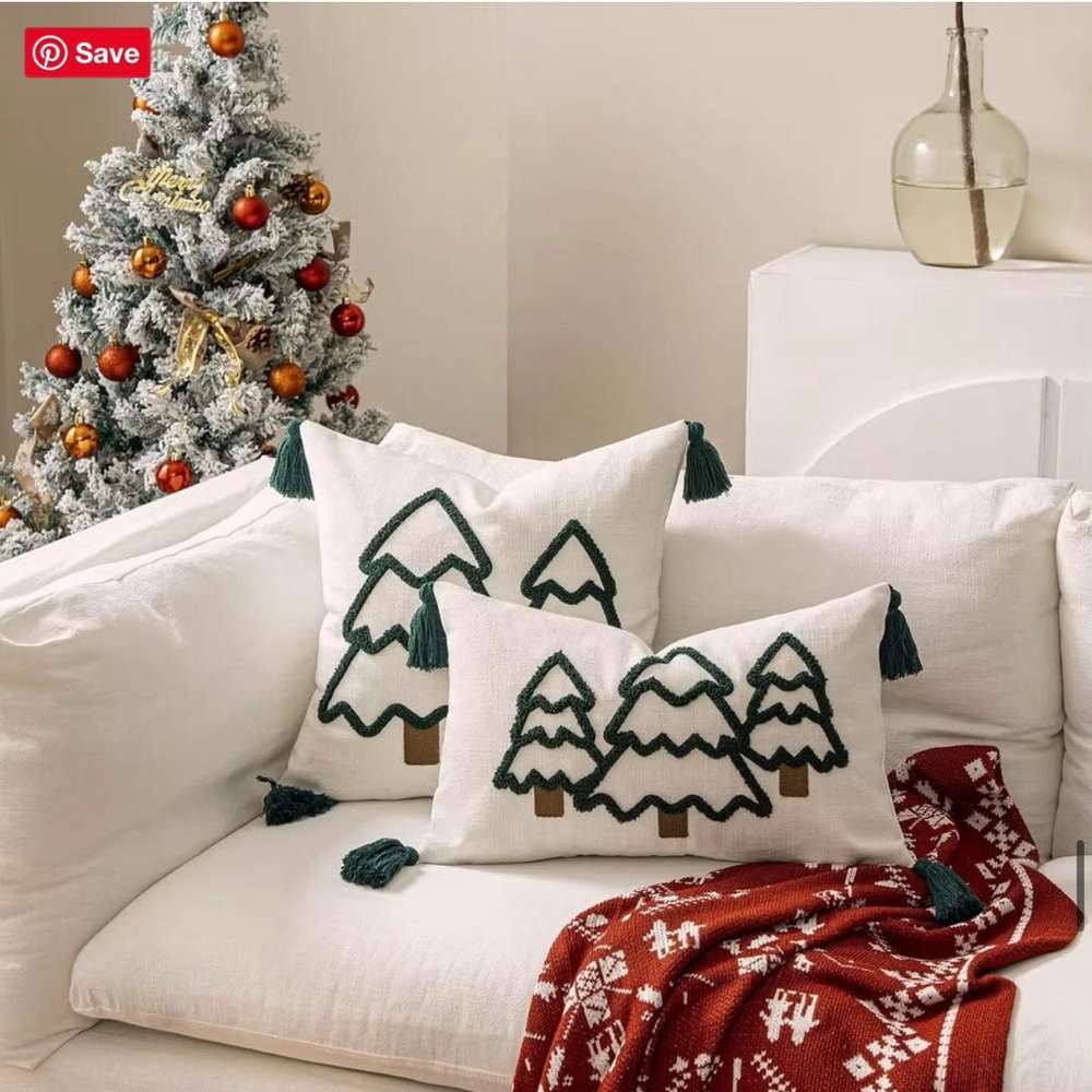 Holiday Tree Embroidered Pillow Set - Green and White
